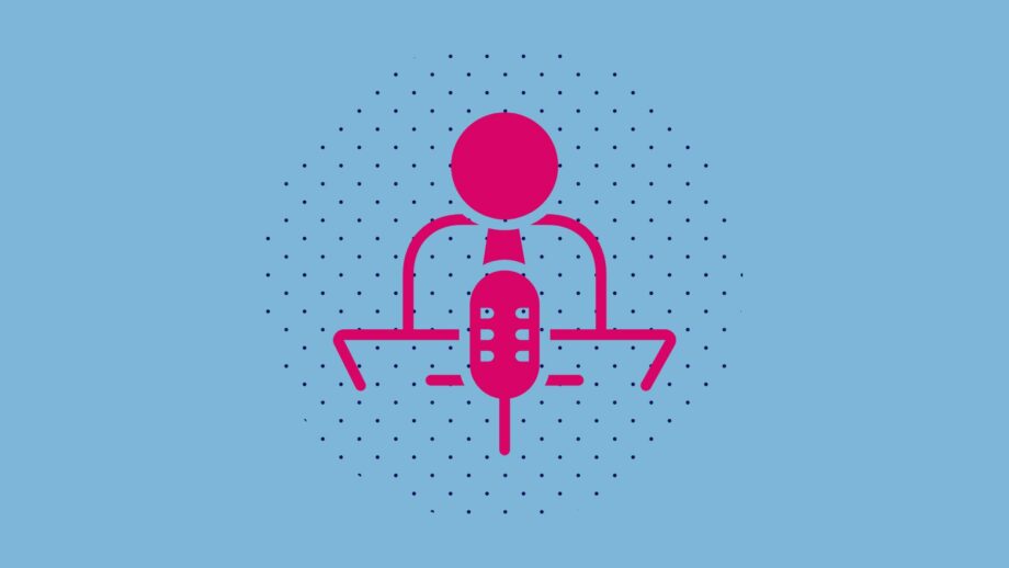 Graphic icon of a podcast microphone.