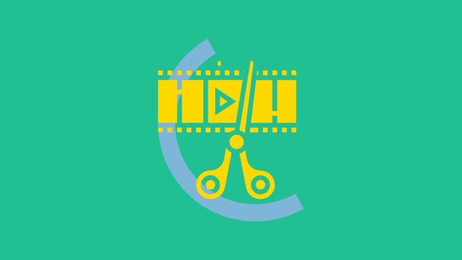 Graphic icon of a film strip being cut with scissors.