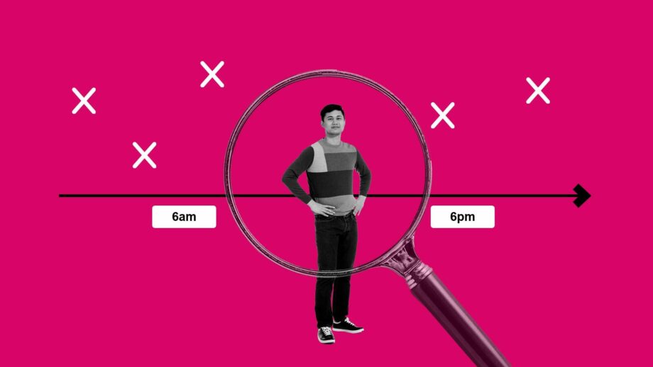 A graphic photomontage of a person stood infront of a daily timeline diagram.