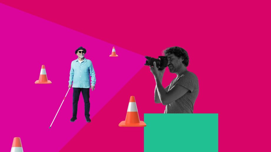 A graphic photomontage of a person taking a photo of another person using a cane.