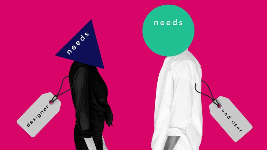 Abstract photomontage of 2 people facing each other the a triangle and circle shape replacing their heads. The shapes have the text 'needs' on them.