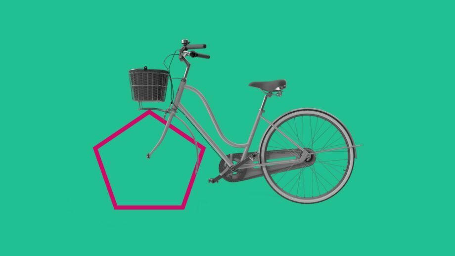 A photomontage of a bicycle with a pentagon shape as the front wheel.