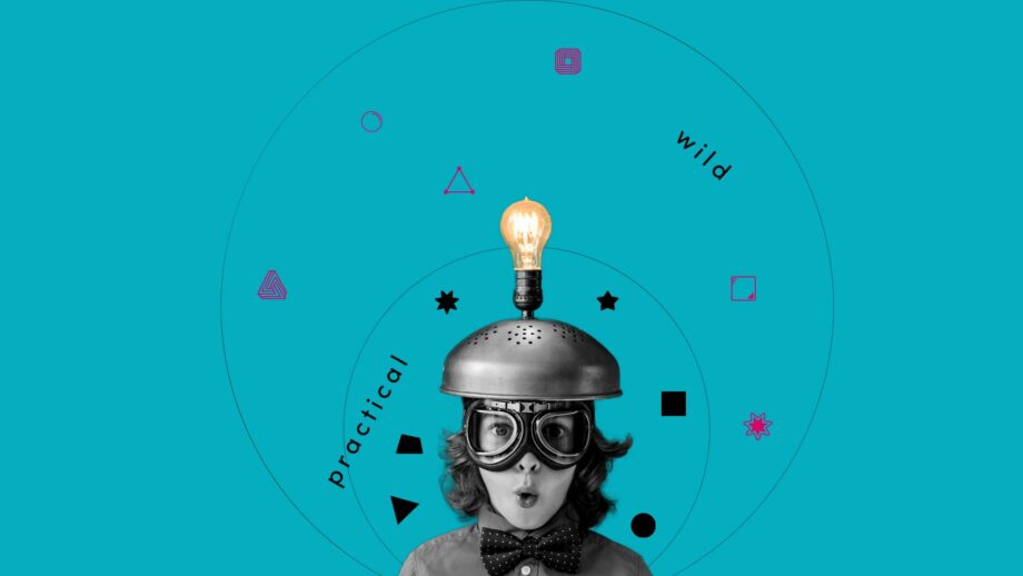 Photomontage of a young person wearing a helmet with a lightbulb on top.