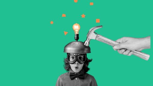 Photomontage of a young person wearing a helmet with a lightbulb on top.