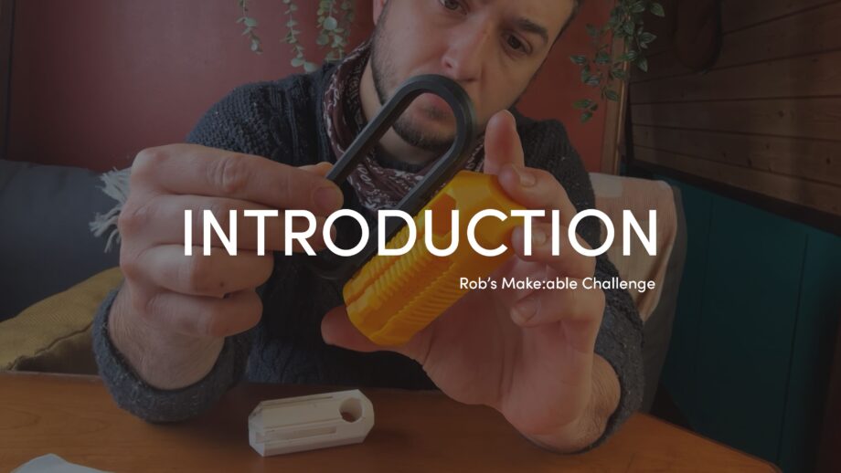 PrintLab's lead designer, Rob, holding a 3D printed assistive device. The title 'Introduction' overlaid in bold white text.