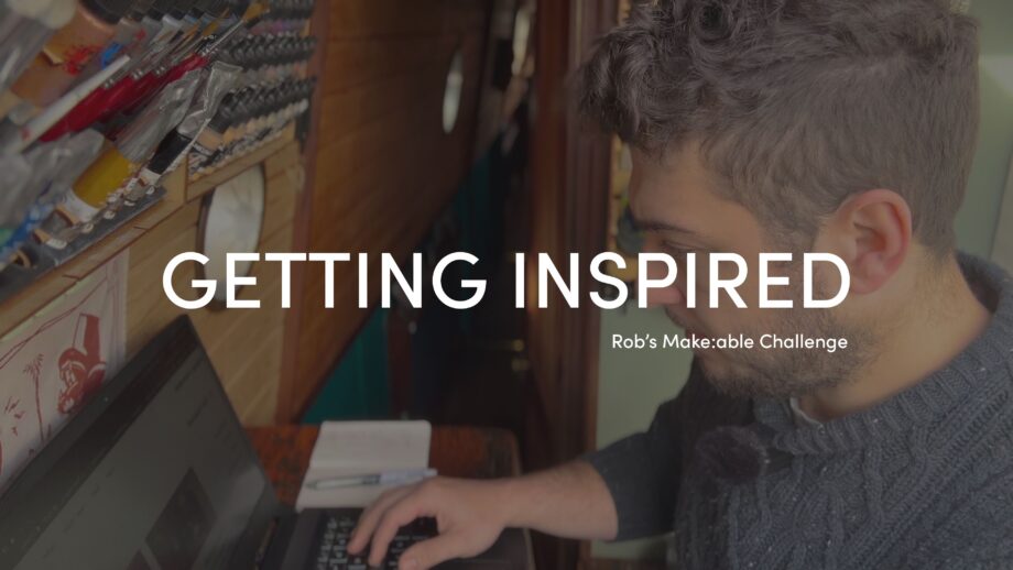 PrintLab's lead designer, Rob, working on a 3D design on his laptop. The title ‘Getting Inspired’ is overlaid in bold white text.