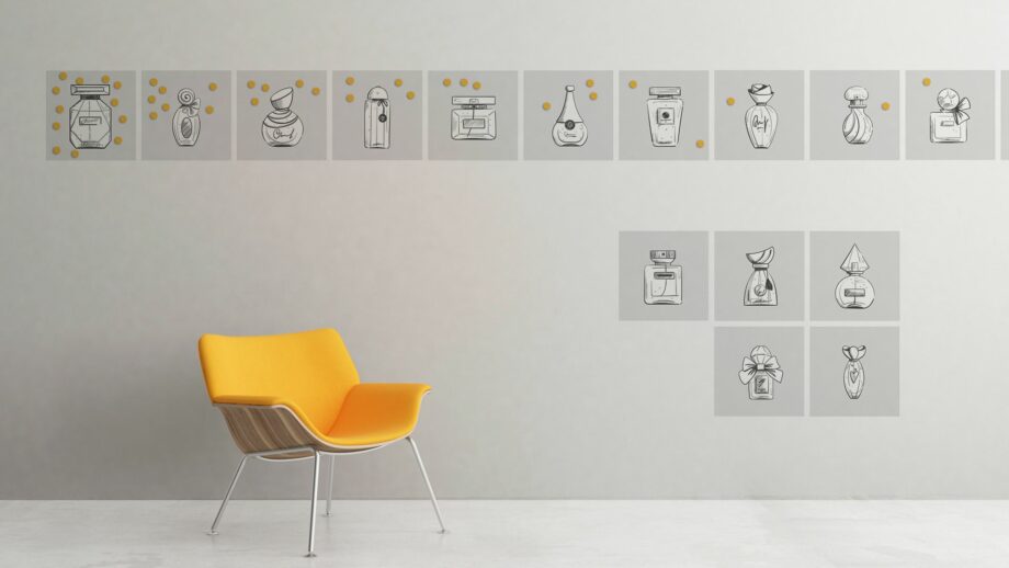 A wall with perfume bottle sketches stuck to it and voting dots placed on them.