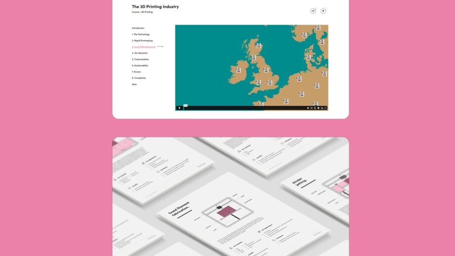 2 website screens showing course content from PrintLab's 3D Printing Industry and Technologies courses.