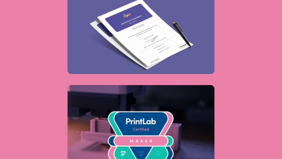 2 images showing certificates from PrintLab mini courses, together with PrintLab's digital maker certification badge.