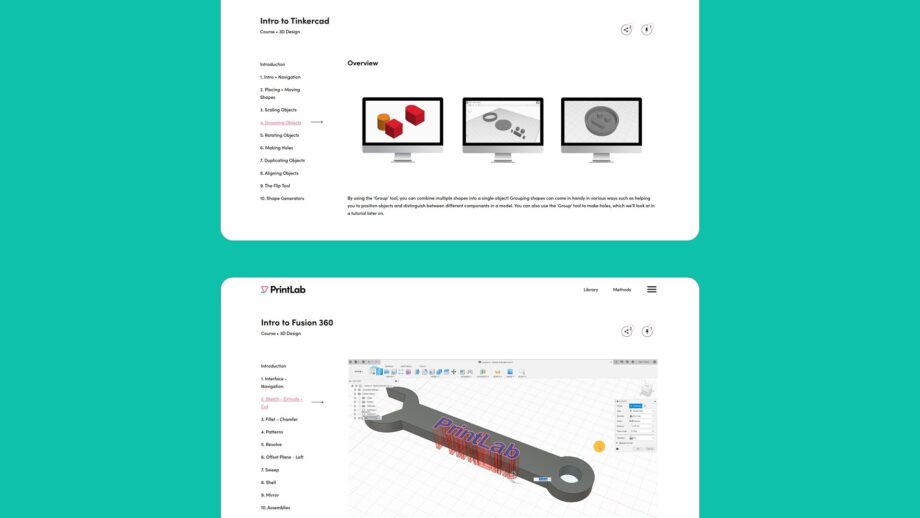 2 website screens showing course content from PrintLab's Intro to Tinkercad and Fusion courses.