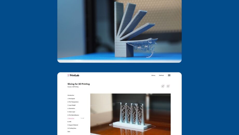 2 website screens showing course content from PrintLab's Designing for 3D Printing and Slicing courses.