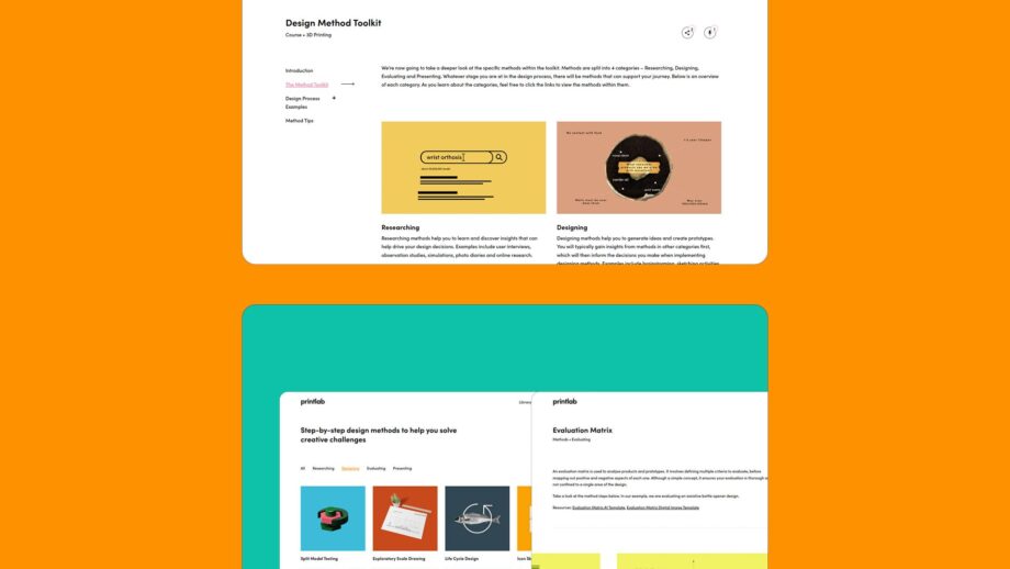 2 website screens showing course content from PrintLab's Design Method Toolkit.