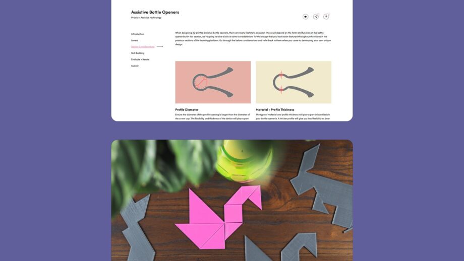 2 website screens showing course content from PrintLab's Bottle Opener and Tactile Tangram projects.