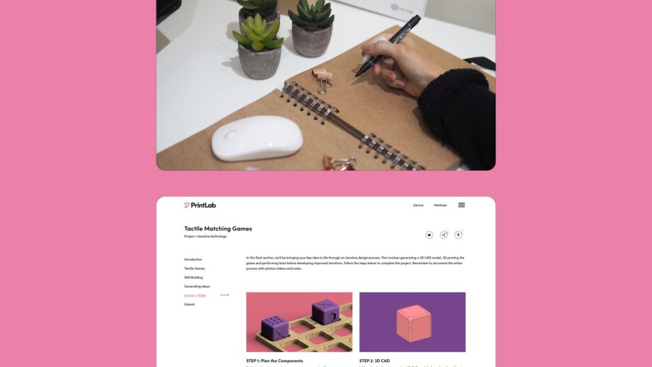 2 website screens showing course content from PrintLab's Assistive Clips and Tactile Games projects.