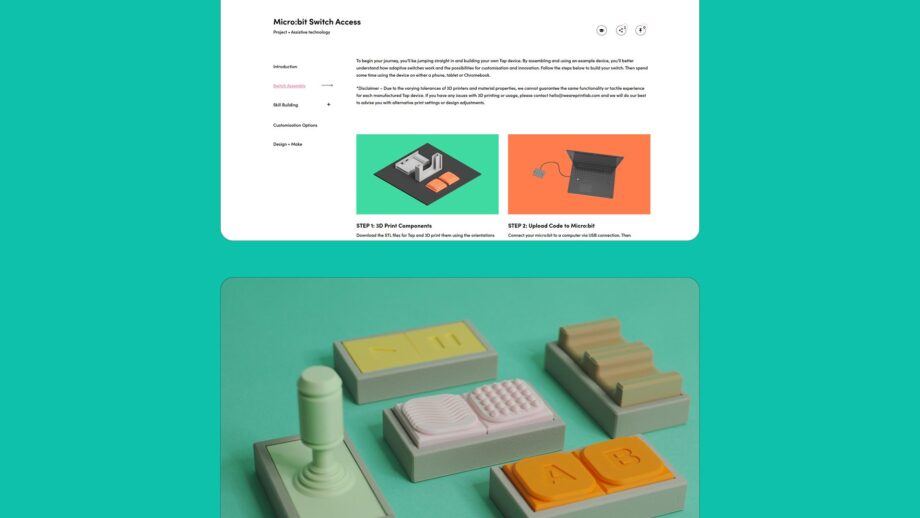 2 website screens showing course content from PrintLab's Micro:bit Switch Access project.