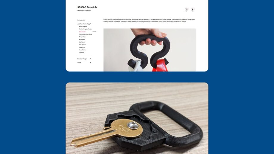 2 website screens showing course content from PrintLab's 3D CAD Tutorial toolkit.