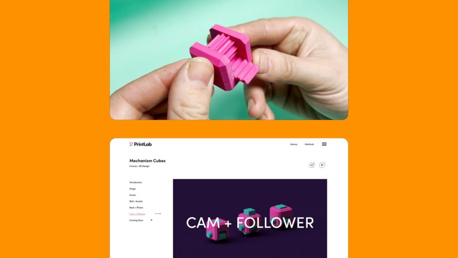 2 website screens showing course content from PrintLab's Connections and Mechanisms course.