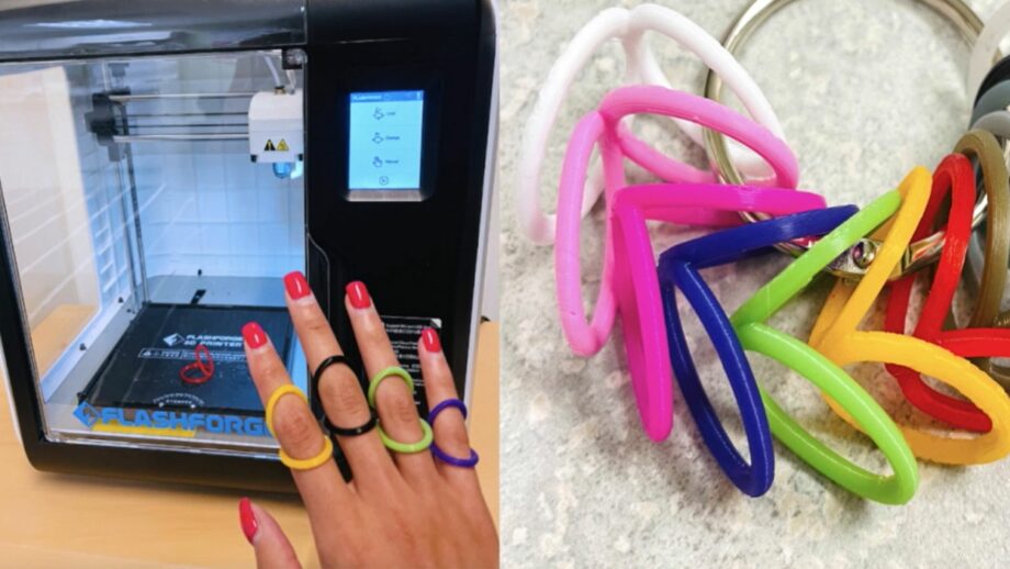 A range of 3D printed finger orthoses in different bright colours.