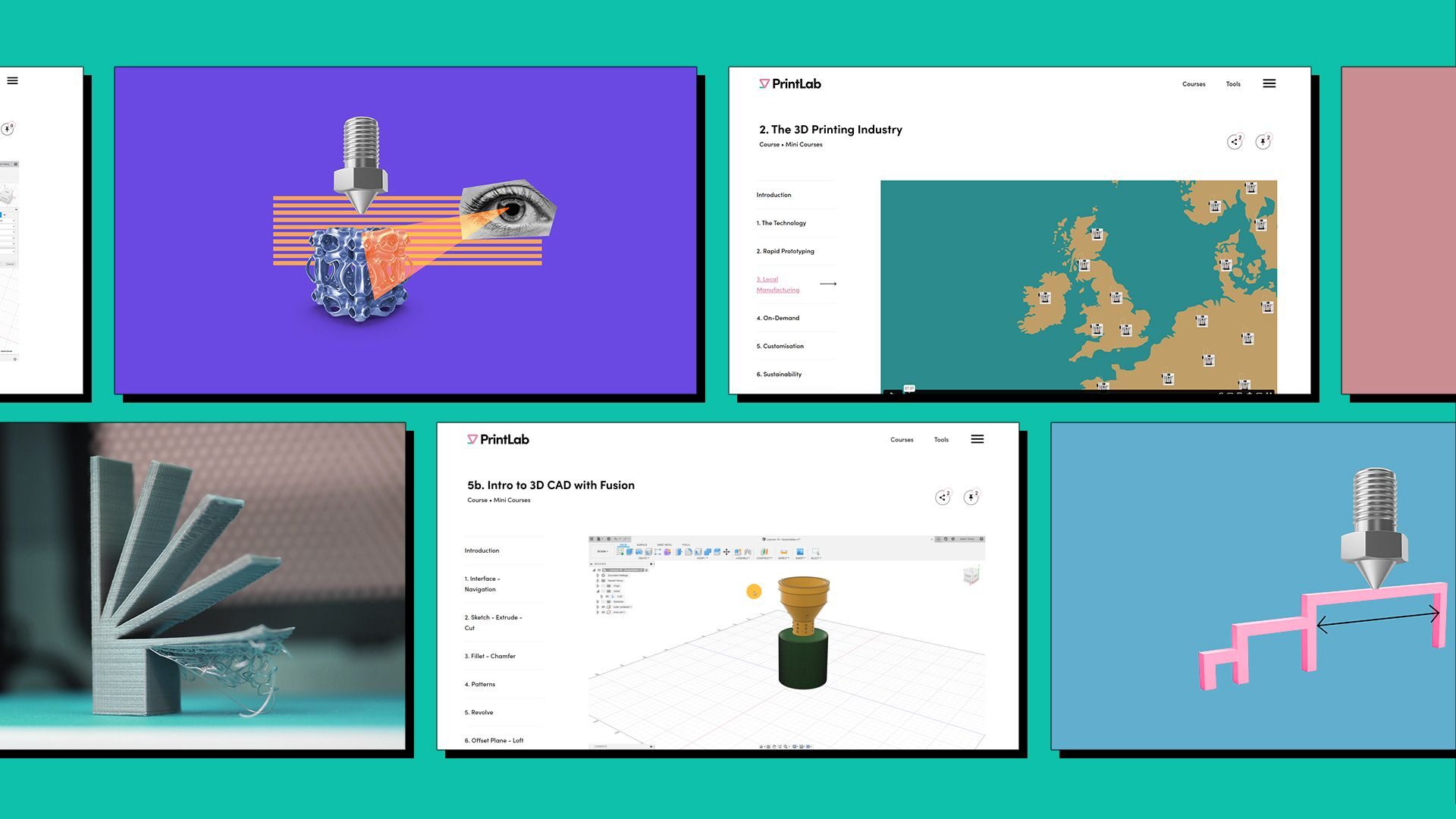 A grid of website screens showing various mini courses from PrintLab's 3D printing learning platform.