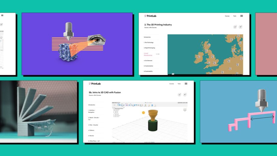 A grid of website screens showing various mini courses from PrintLab's 3D printing learning platform.