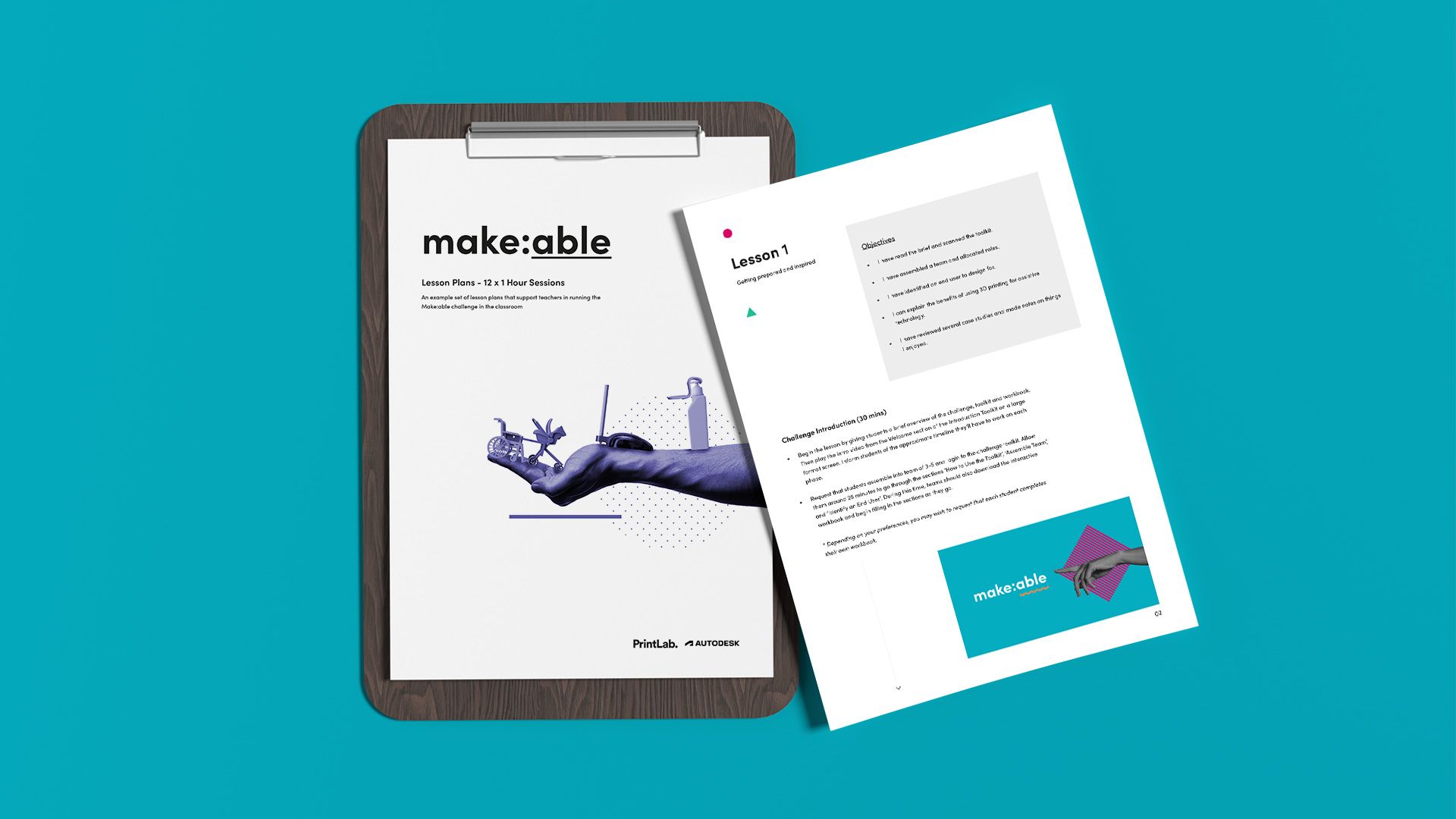 2 pieces of paper showing the Make:able lesson plans.