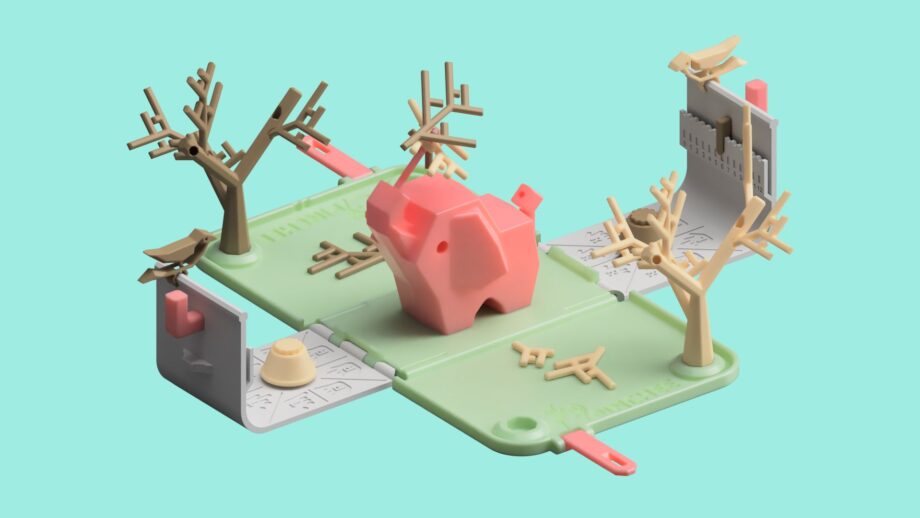 A 3d model of Pinchee - a 3D printable dexterity stacking game, which involves building a nest on top of an elephant