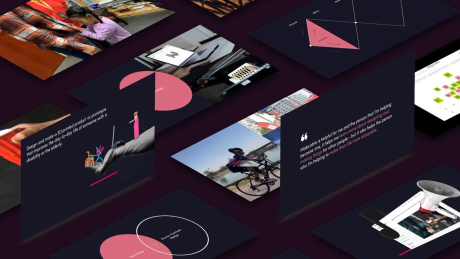 A series of screens showing Make:able presentation slides.