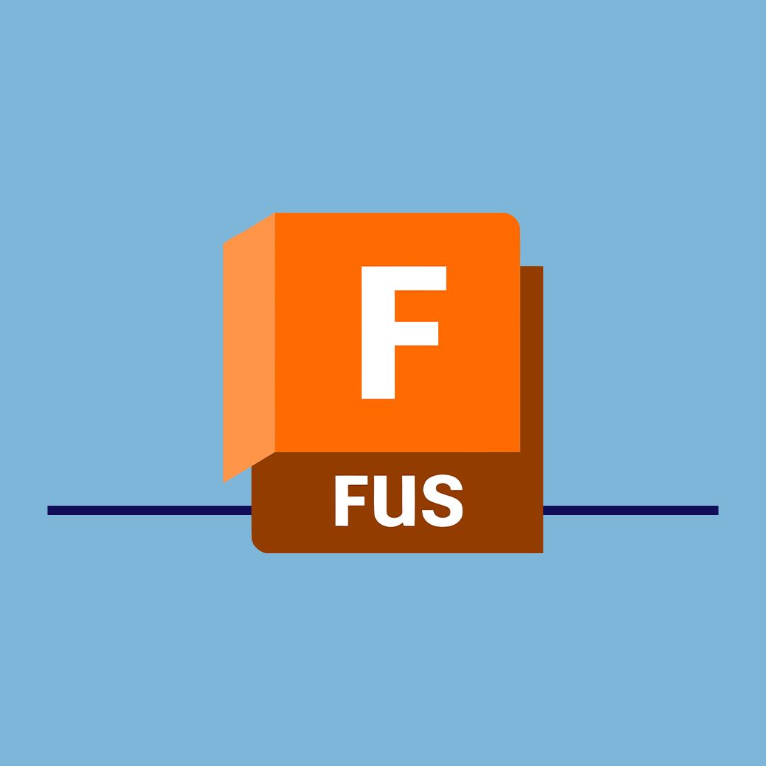 Autodesk Fusion logo on a light blue background.