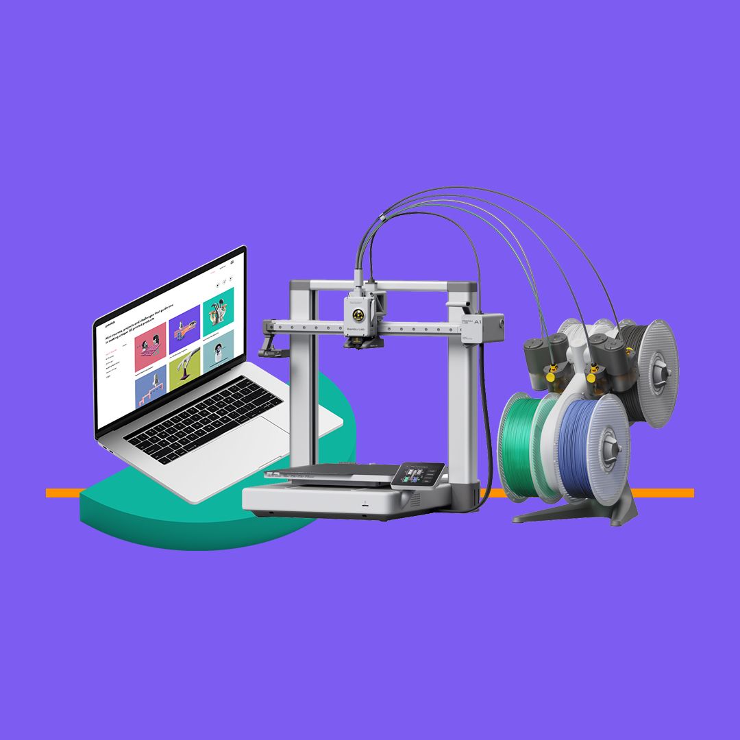 Bambu Lab A1 Combo 3D printer beside a laptop displaying the PrintLab 3D printing curriculum.