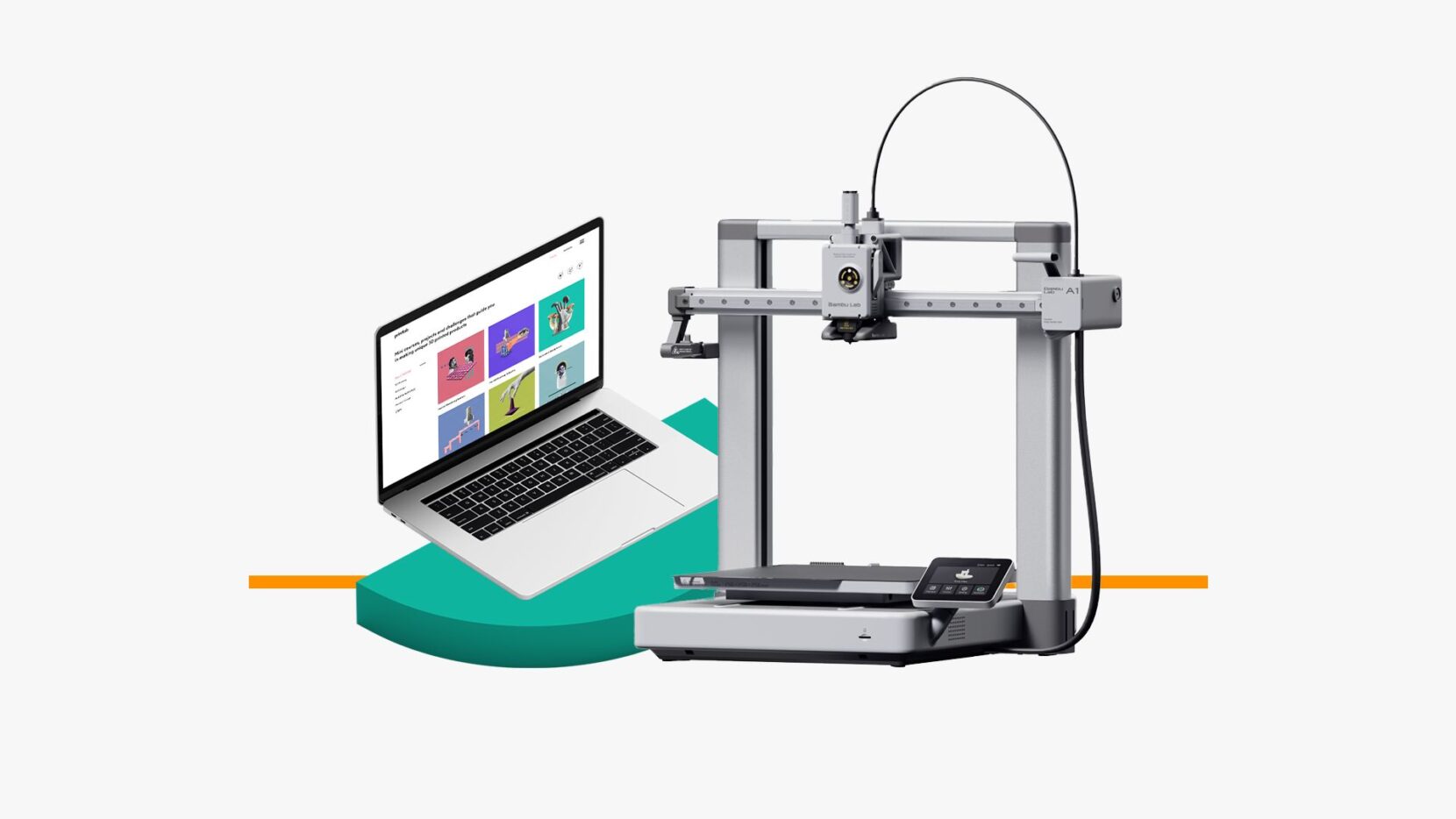 Bambu Lab A1 3D printer beside a laptop displaying the PrintLab 3D printing curriculum.