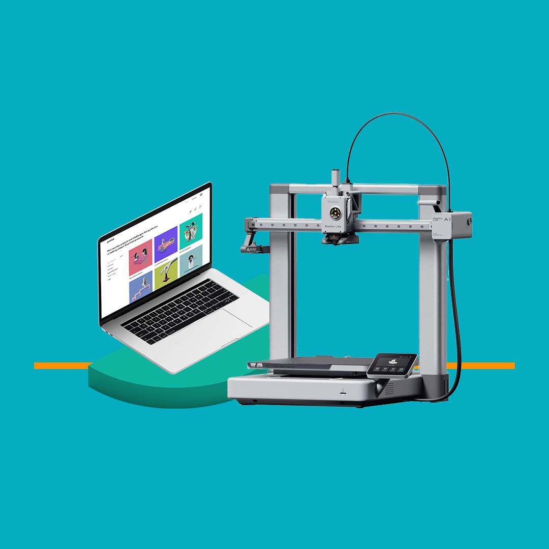 Bambu Lab A1 3D printer beside a laptop displaying the PrintLab 3D printing curriculum.