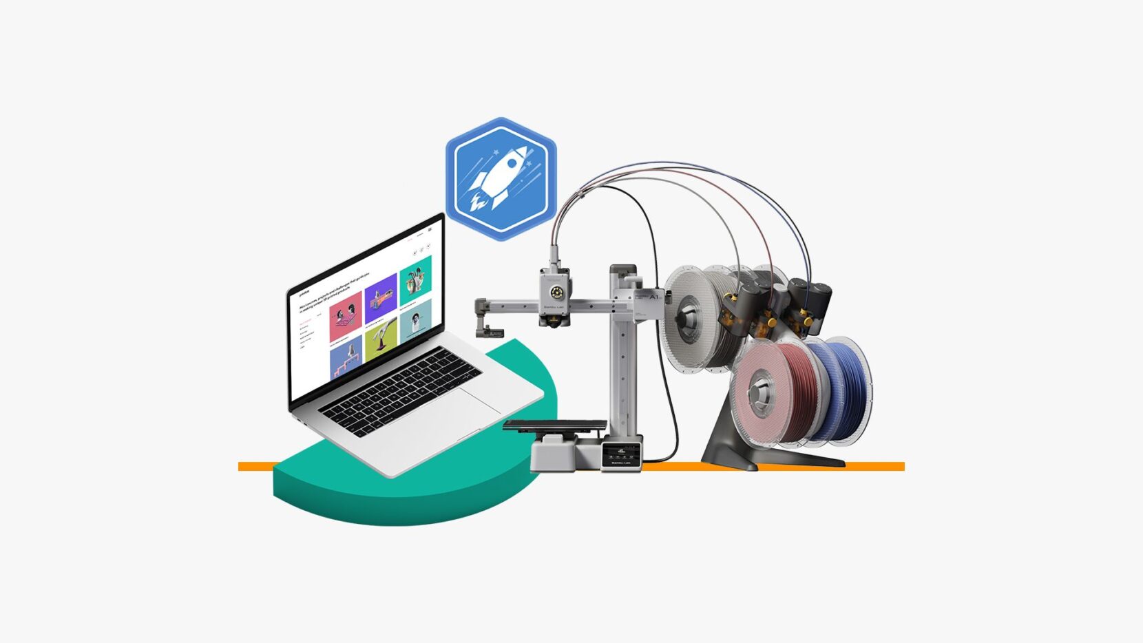 Bambu Lab A1 Mini Combo 3D printer beside a laptop displaying the PrintLab 3D printing curriculum.