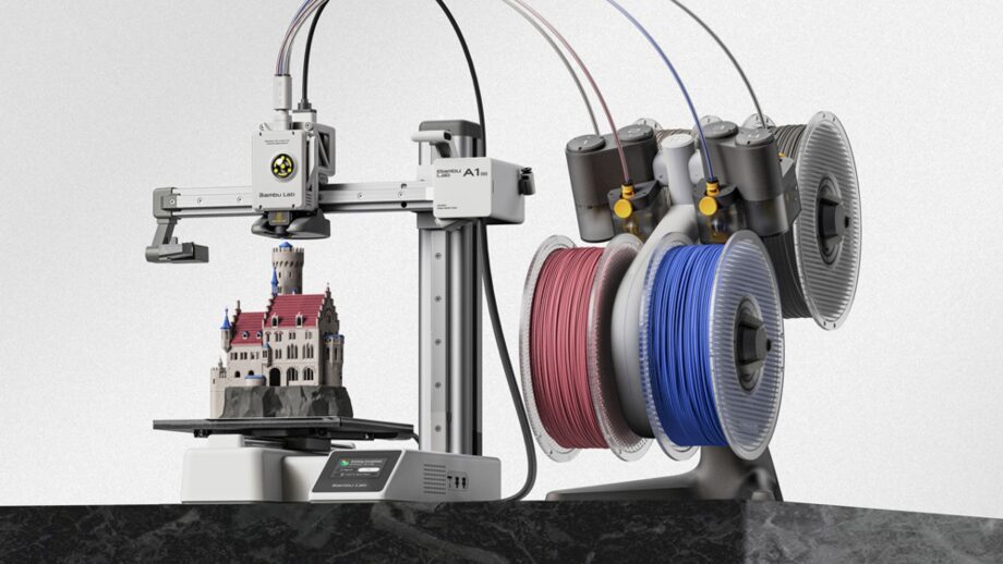 Bambu Lab A1 Mini Combo 3D printer with a detailed architectural model on the print bed.