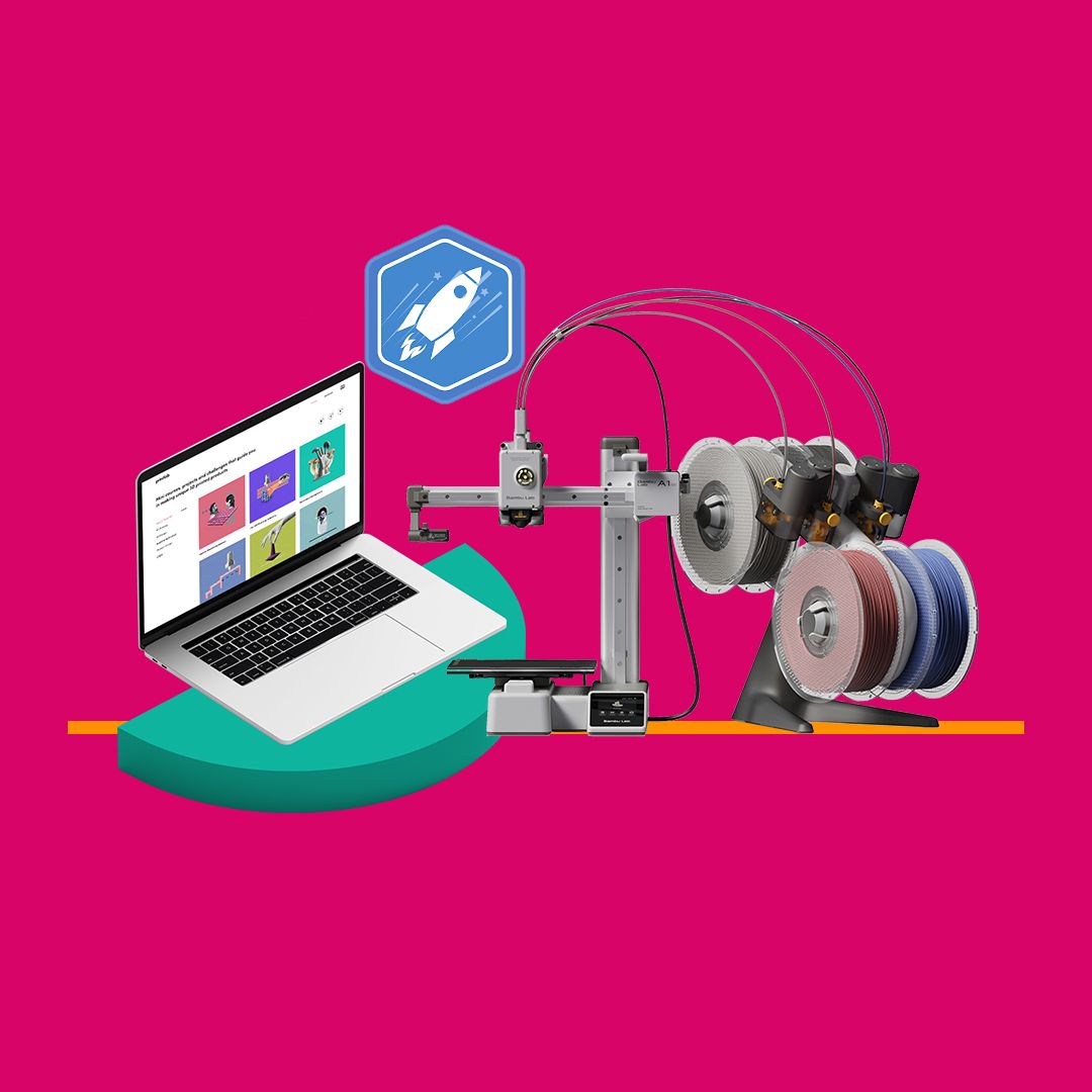 Bambu Lab A1 Mini Combo 3D printer beside a laptop displaying the PrintLab 3D printing curriculum.