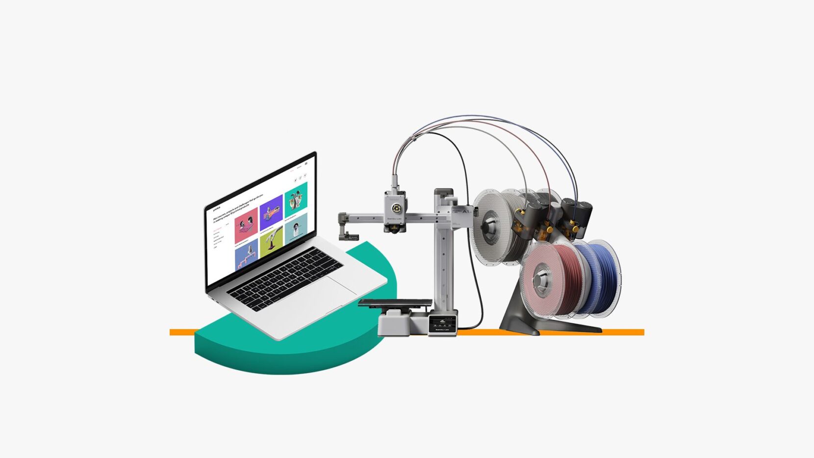 Bambu Lab A1 Mini Combo 3D printer beside a laptop displaying the PrintLab 3D printing curriculum.