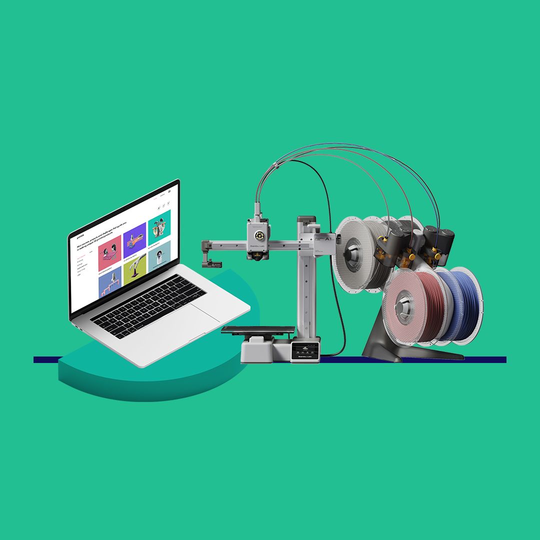 Bambu Lab A1 Mini Combo 3D printer beside a laptop displaying the PrintLab 3D printing curriculum.