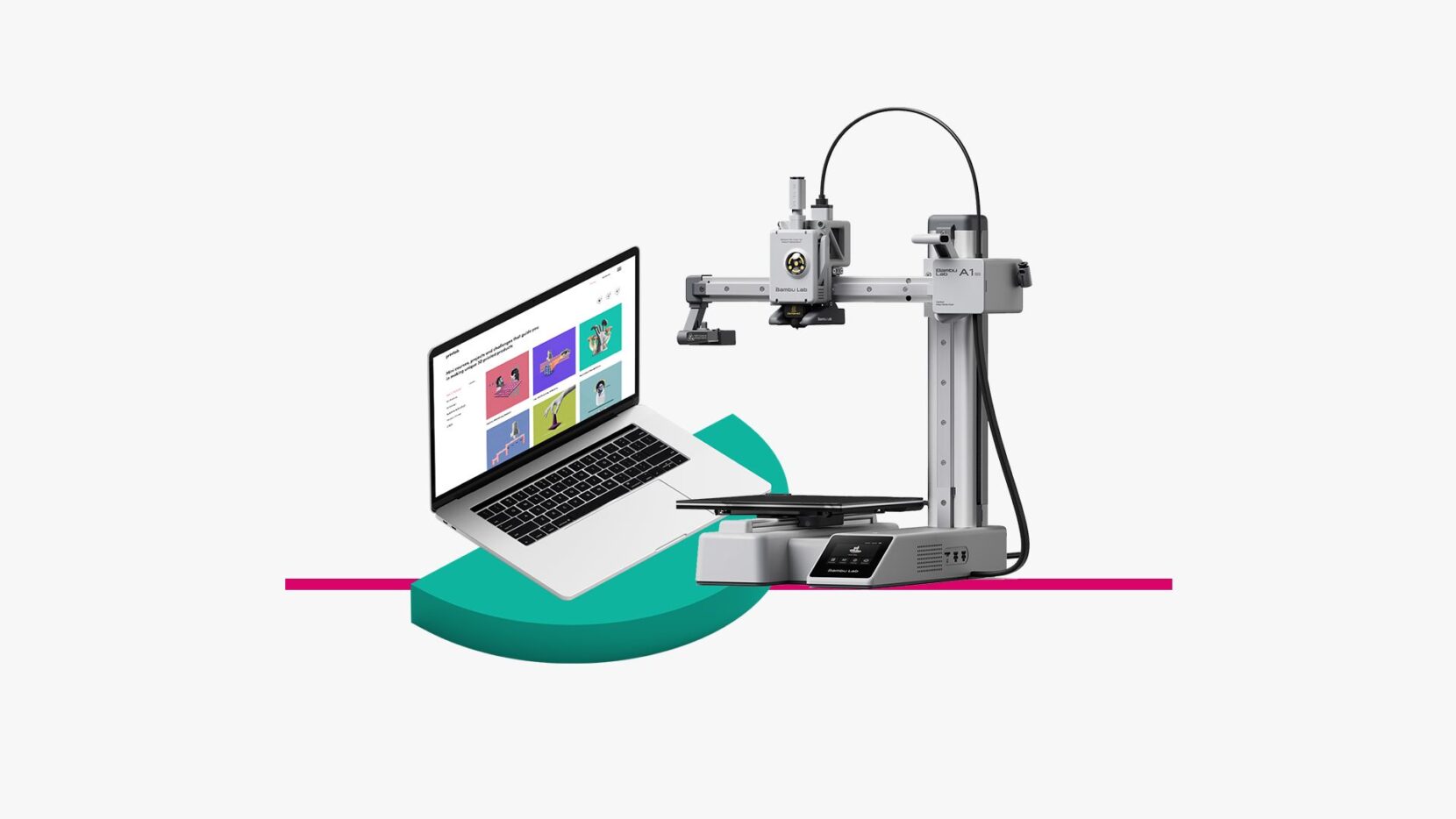 Bambu Lab A1 Mini 3D printer beside a laptop displaying the PrintLab 3D printing curriculum.