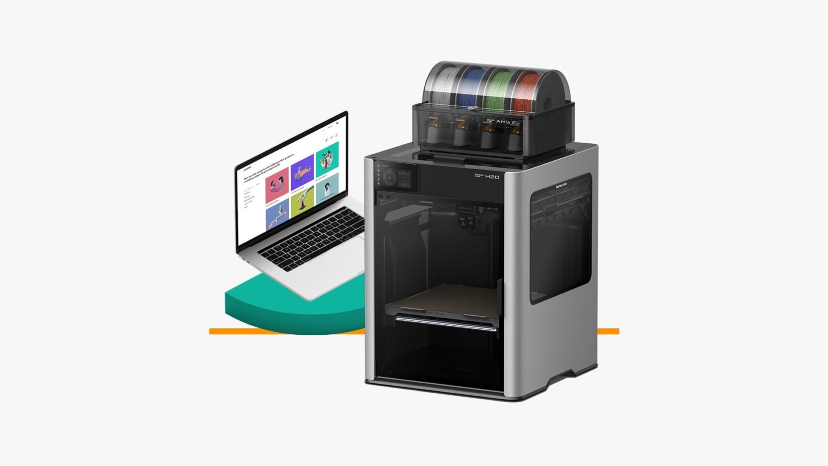 Bambu Lab H2D Combo 3D printer beside a laptop displaying the PrintLab 3D printing curriculum.