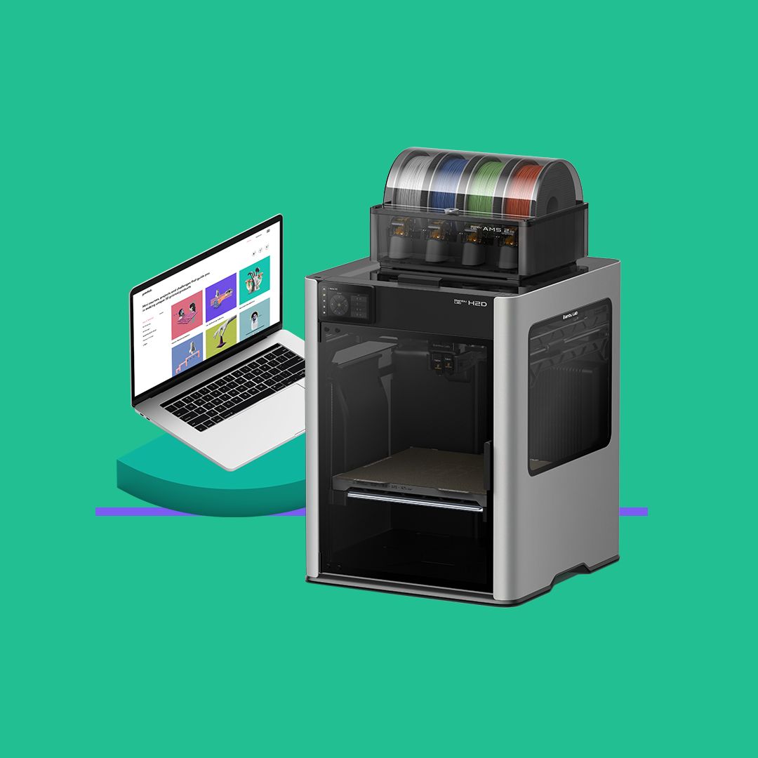Bambu Lab H2D Combo 3D printer beside a laptop displaying the PrintLab 3D printing curriculum.