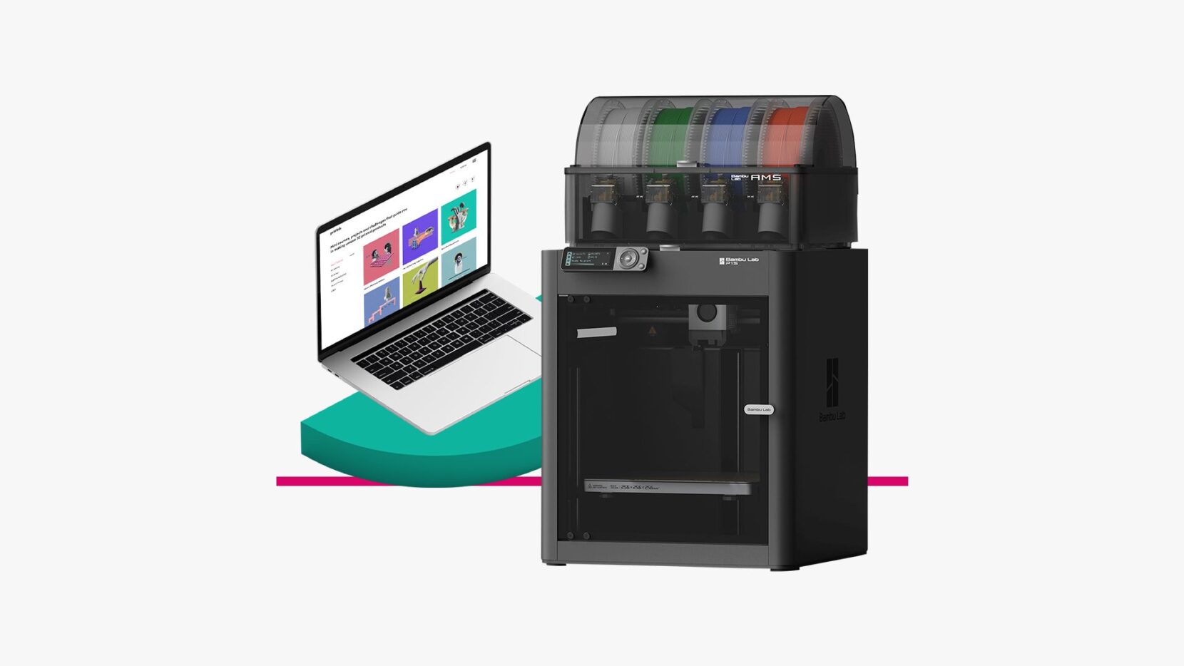 Bambu Lab P1S Combo 3D printer beside a laptop displaying the PrintLab 3D printing curriculum.