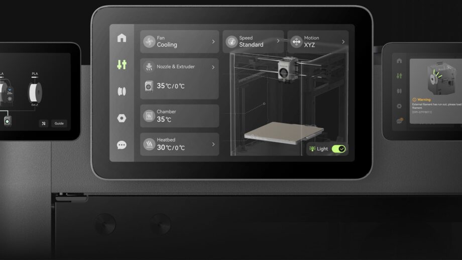 Closeup shot of the touch screen display of the Bambu Lab P2S 3D printer