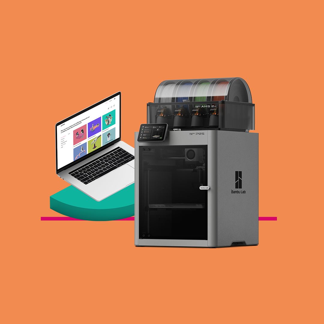 Bambu Lab P2S Combo 3D printer beside a laptop displaying the PrintLab 3D printing curriculum.
