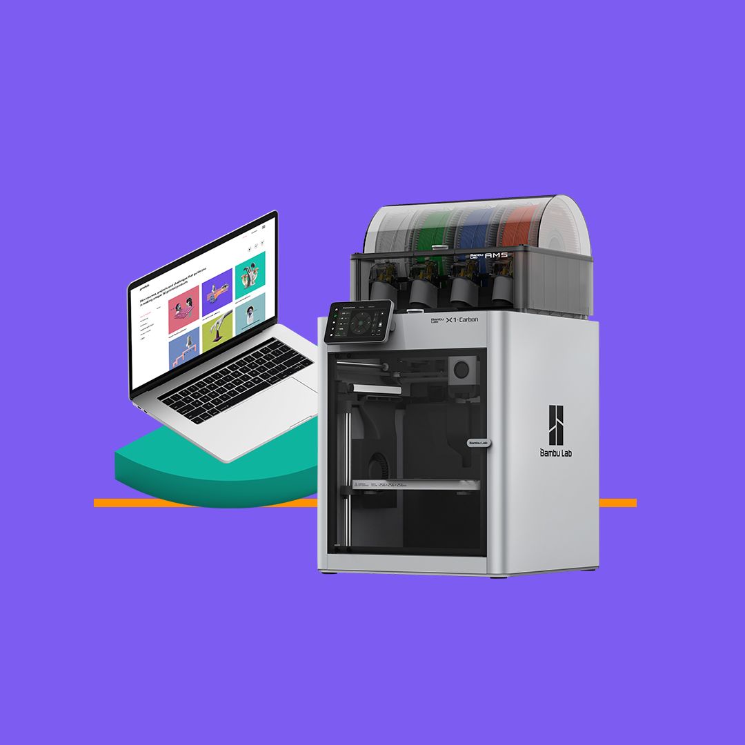 Bambu Lab X1C Combo 3D printer beside a laptop displaying the PrintLab 3D printing curriculum.