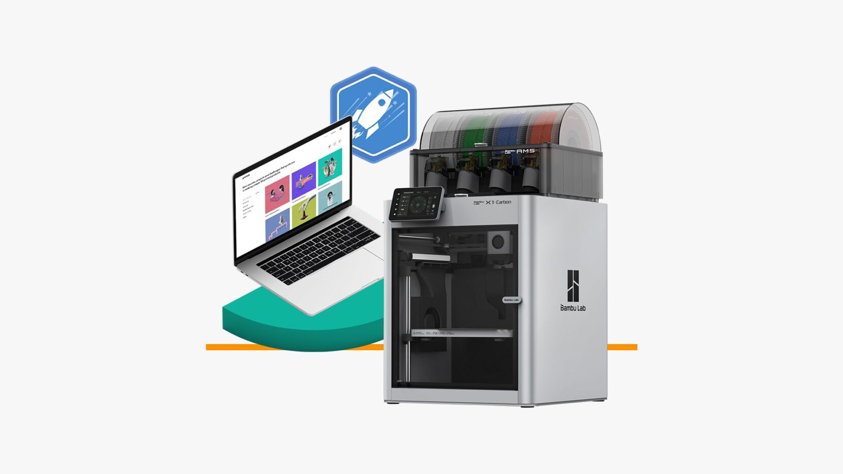 Bambu Lab X1C Combo 3D printer beside a laptop displaying the PrintLab 3D printing curriculum.
