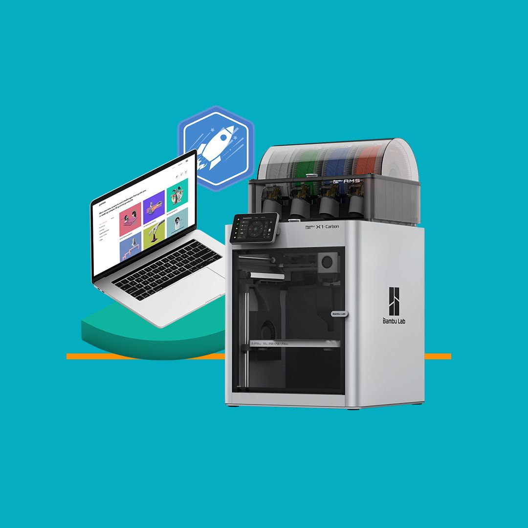 Bambu Lab X1C Combo 3D printer beside a laptop displaying the PrintLab 3D printing curriculum.