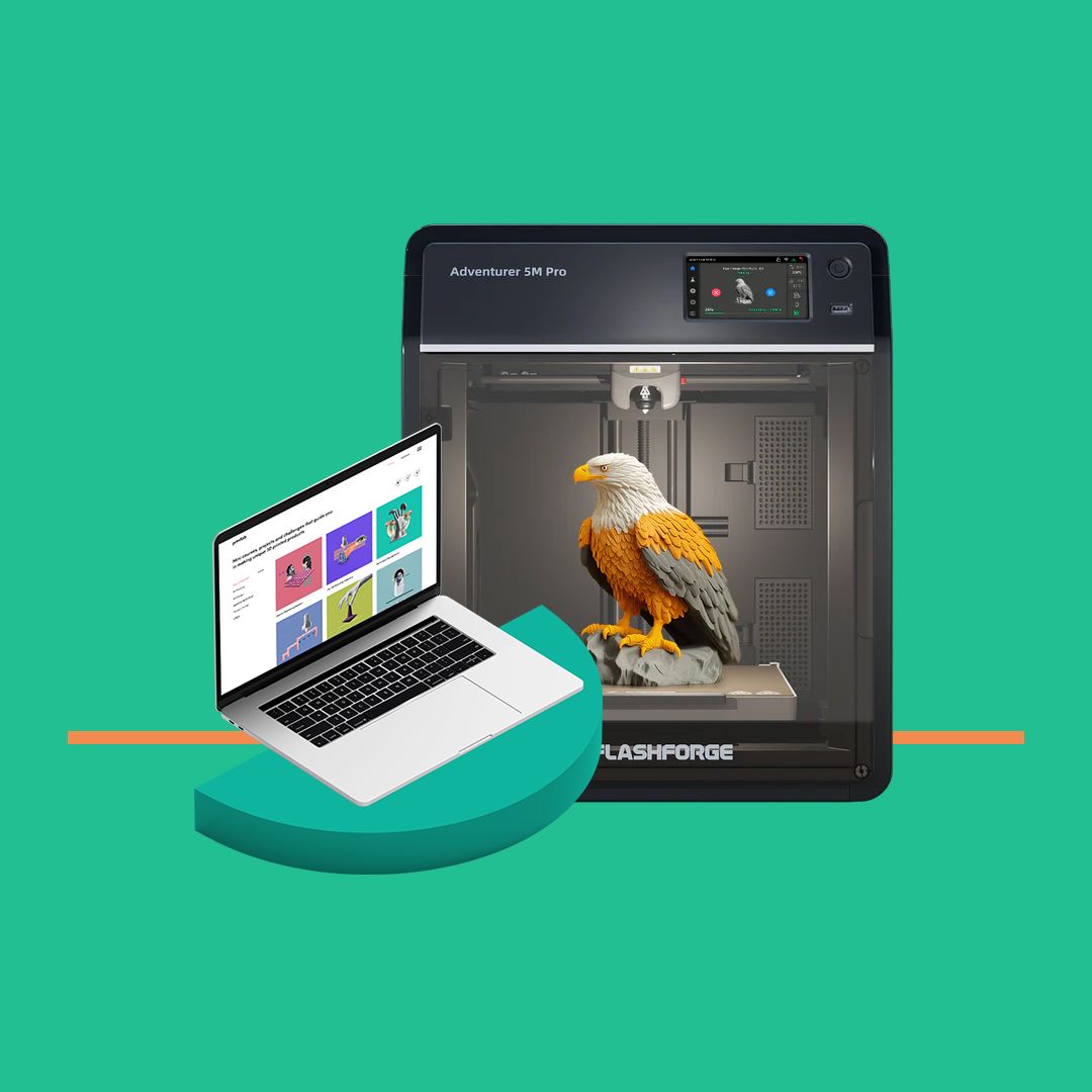 Flashforge Adventurer 5M Pro 3D printer beside a laptop displaying the PrintLab 3D printing curriculum.