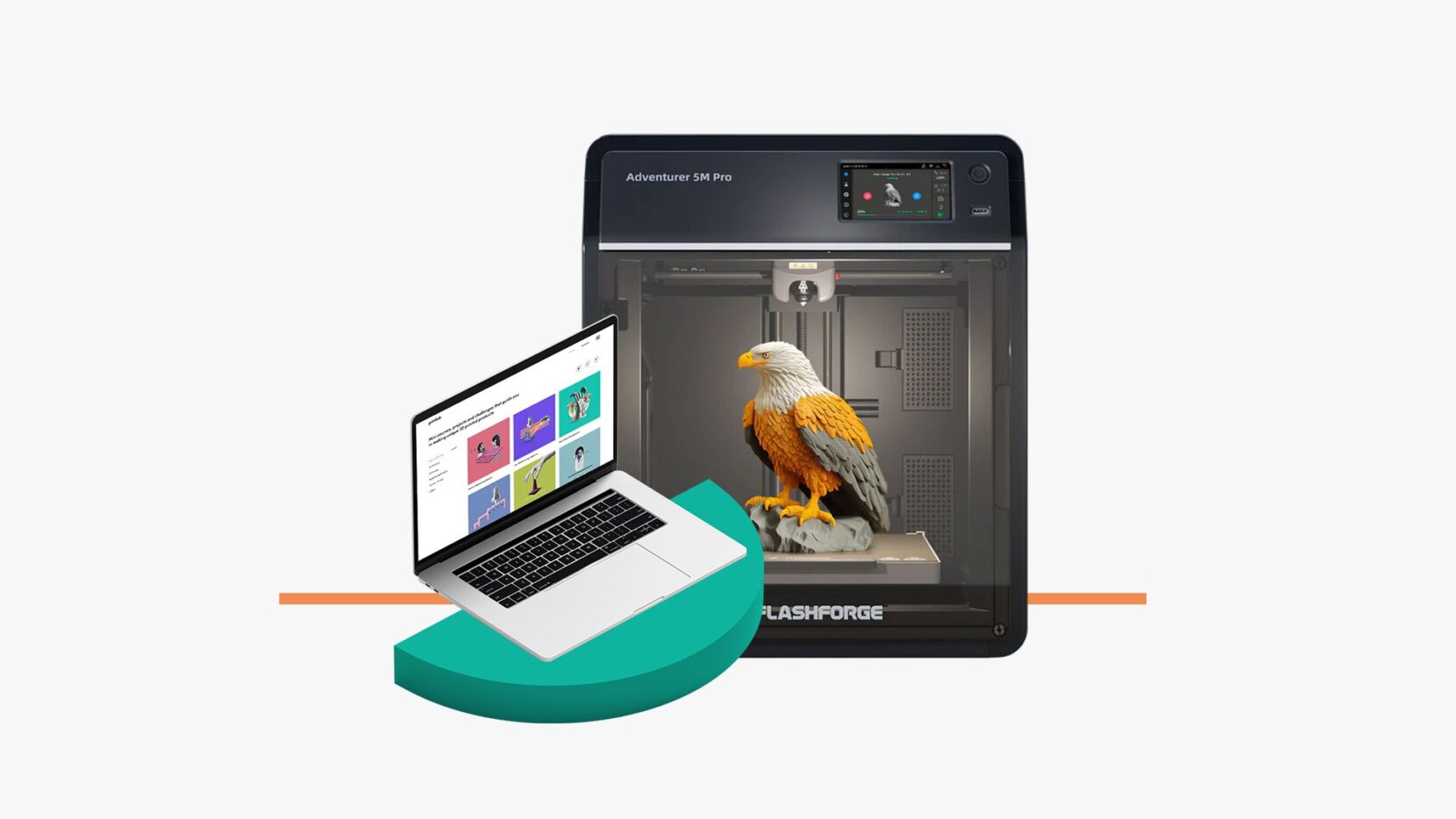 Flashforge Adventurer 5M Pro 3D printer beside a laptop displaying the PrintLab 3D printing curriculum.