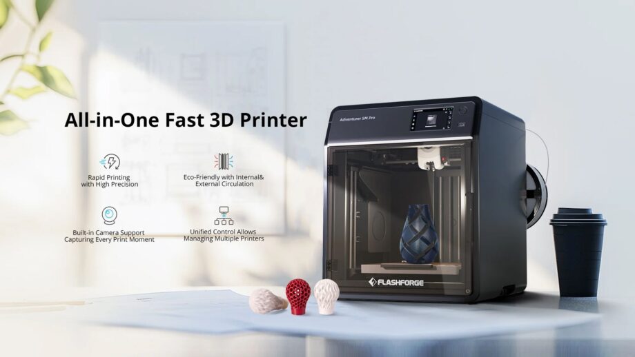 Flashforge Adventurer 5M Pro 3D printer on a table with the text 'All-in-one fast 3D printer' overlaid.