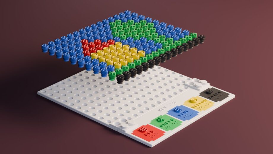 Rendered image of a 3D printable tactile art board with a house and tree design.