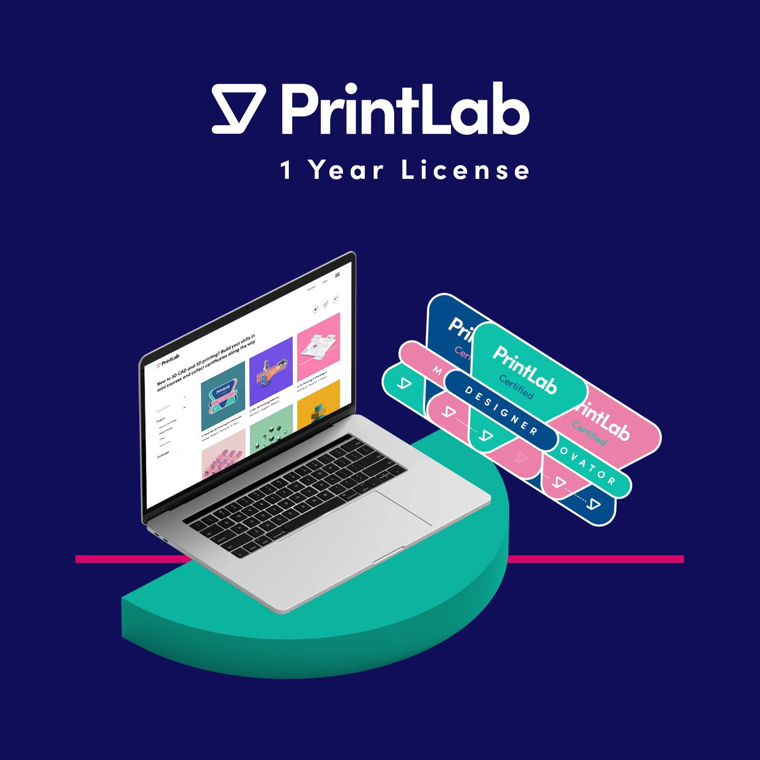 PrintLab product thumbnail showing a laptop with the course platform showing, beside PrintLab's digital badge images.
